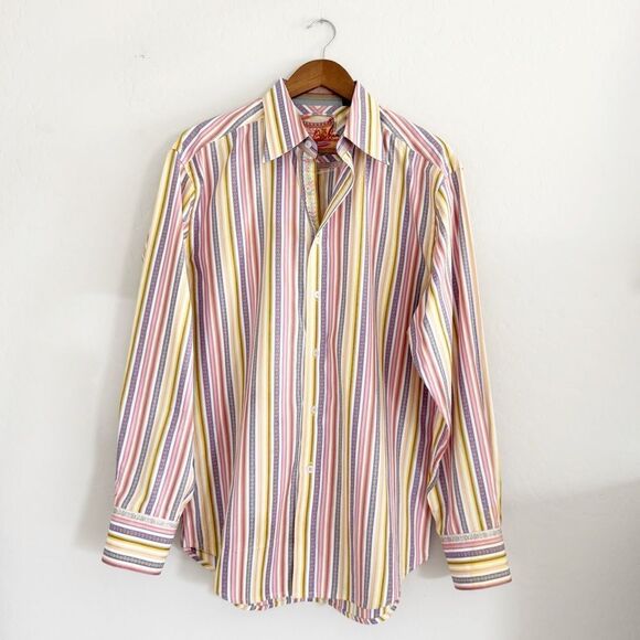 Robert Graham Striped Embroidered Pastel Button Down Shirt Classic Fit Size L - Picture 3 of 13